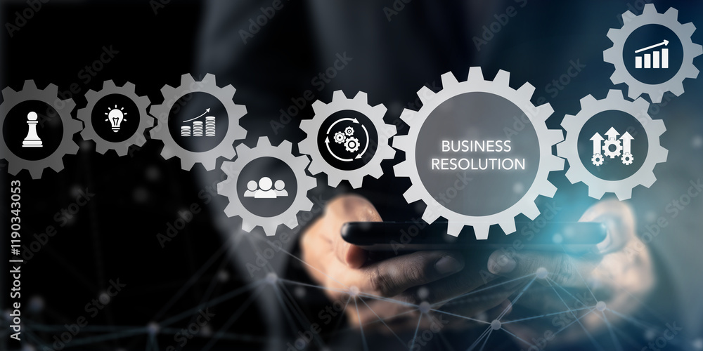 Business Resolution Concept. Businessman using tablet with business strategy icons and the phrase Business Resolution displayed. Commitments company make to improve process, operation and strategy. Business Resolution Concept. Businessman using tablet with business strategy icons and the phrase Business Resolution displayed. Commitments company make to improve process, operation and strategy.