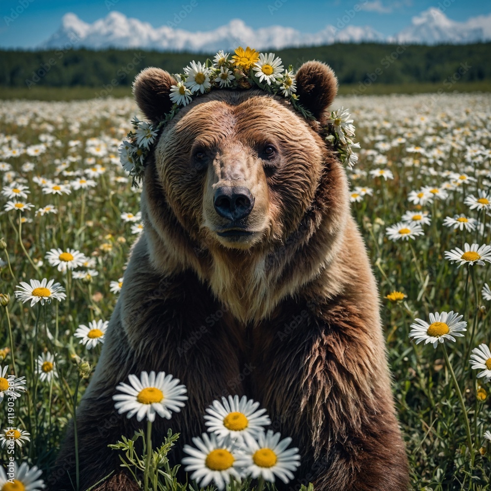 Fototapeta premium A bear wearing a flower crown, sitting in a field of daisies with a vivid blue sky.