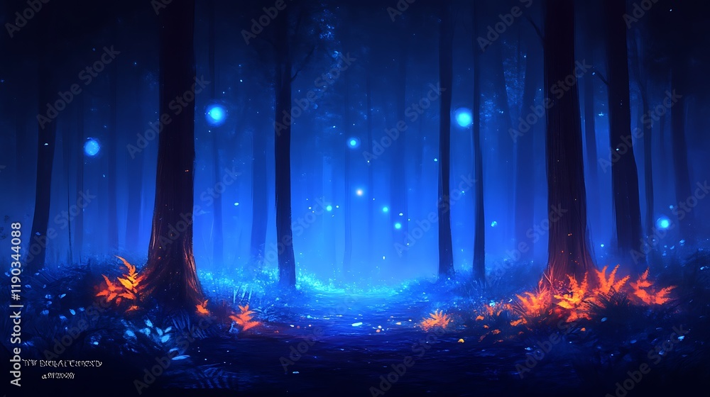 Enchanting Blue Forest Path Illuminated by Glowing Lights Enchanting Blue Forest Path Illuminated by Glowing Lights