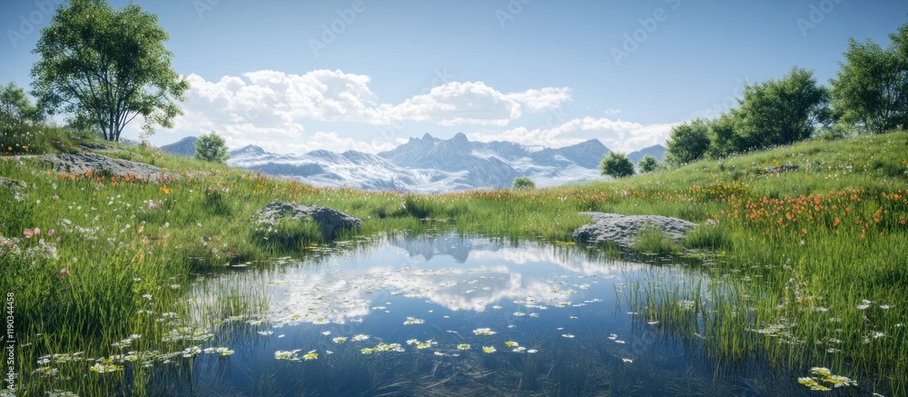 Fototapeta premium Serene mountain lake reflecting sky, clouds, and snow-capped peaks. Lush green meadows and wildflowers surround calm water.