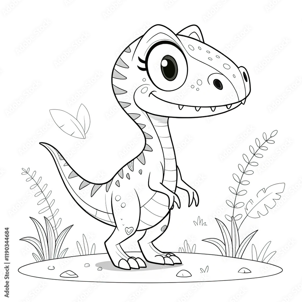 Fototapeta premium line black and white cartoon cute dinosaur coloring page.