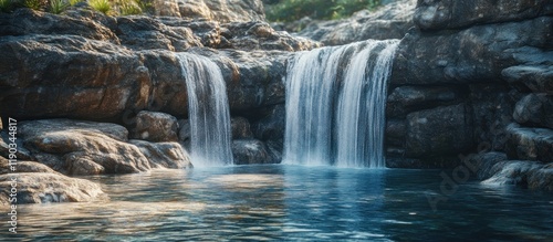 Serene waterfall cascading into a tranquil pool surrounded by rocks.