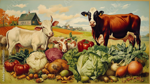 Farming cattle and agriculture, retro poster. Vector cabbage, tomato or bean and corn vegetables harvest and farmer cattle, goat and donkey domestic animals photo