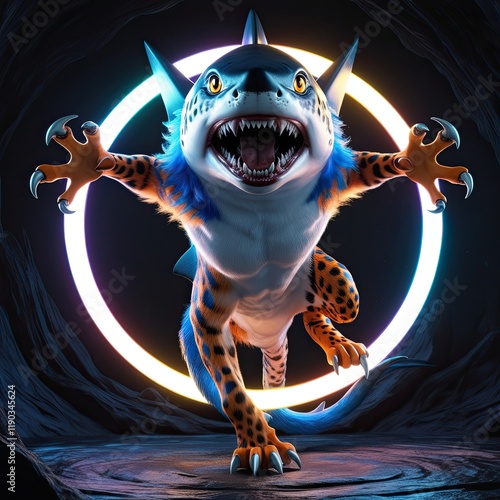 A cheetah combined with the fierce head and fins of a great white shark