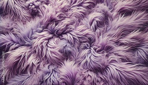 Purple fur texture top view. Purple or lilac sheepskin background. Fur pattern. Texture of lilac shaggy fur. Wool texture. Sheep fur close up
