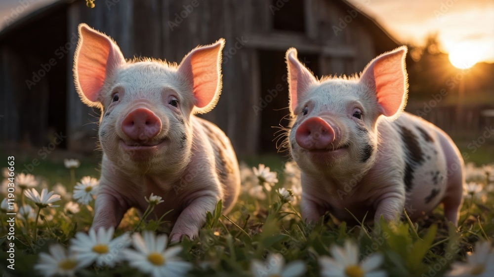 Two playful piglets in a field of daisies at sunset, exuding joy and innocence. Two playful piglets in a field of daisies at sunset, exuding joy and innocence.