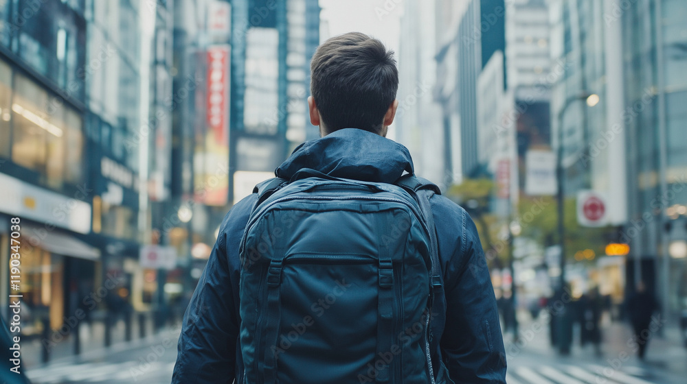 Obraz premium Urban explorer with backpack in city canyon. Great for urban lifestyle, travel adventure, and modern city living.