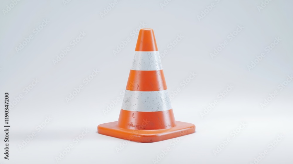 A detailed 3D traffic cone icon with vibrant orange and white stripes, isolated white background A detailed 3D traffic cone icon with vibrant orange and white stripes, isolated white background
