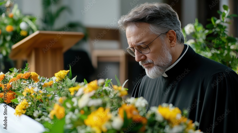 Funeral symbolic. A solemn man in a black robe stands before a flower-adorned altar, deep in thought. Funeral symbolic. A solemn man in a black robe stands before a flower-adorned altar, deep in thought.