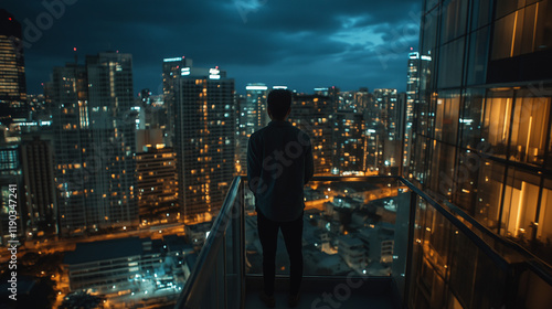 Solitary figure contemplating nighttime cityscape. Perfect for urban lifestyle, success reflection, and modern ambition.