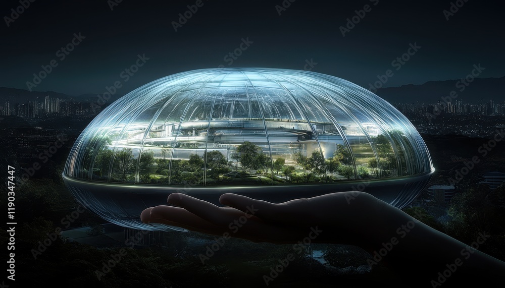 Obraz premium Futuristic Cityscape Domes Protected Under A Hand