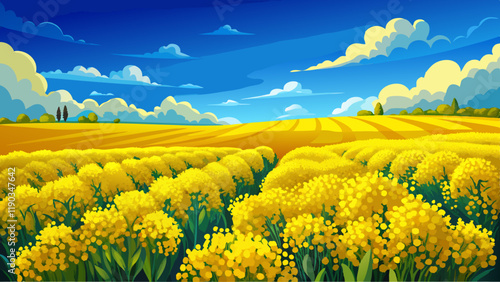 Golden field of flowering rapeseed with blue sky