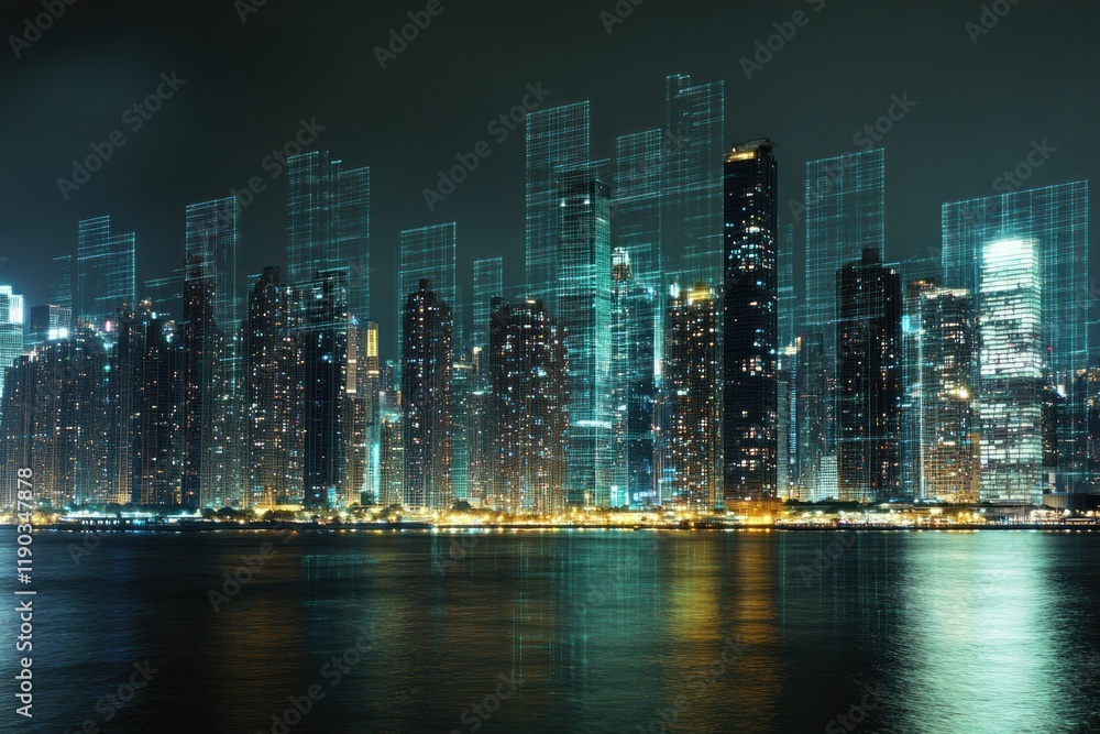 Obraz premium Futuristic city skyline at night with digital wireframe overlay reflecting on water.