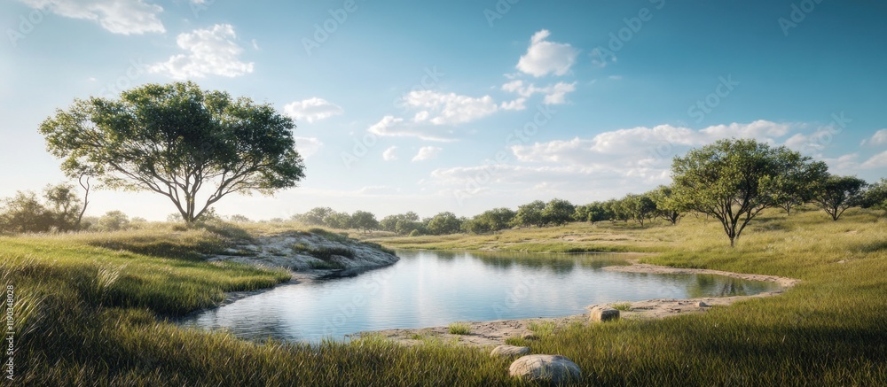 Serene landscape featuring a tranquil pond nestled amidst lush greenery and majestic trees under a bright, sunny sky. Serene landscape featuring a tranquil pond nestled amidst lush greenery and majestic trees under a bright, sunny sky.