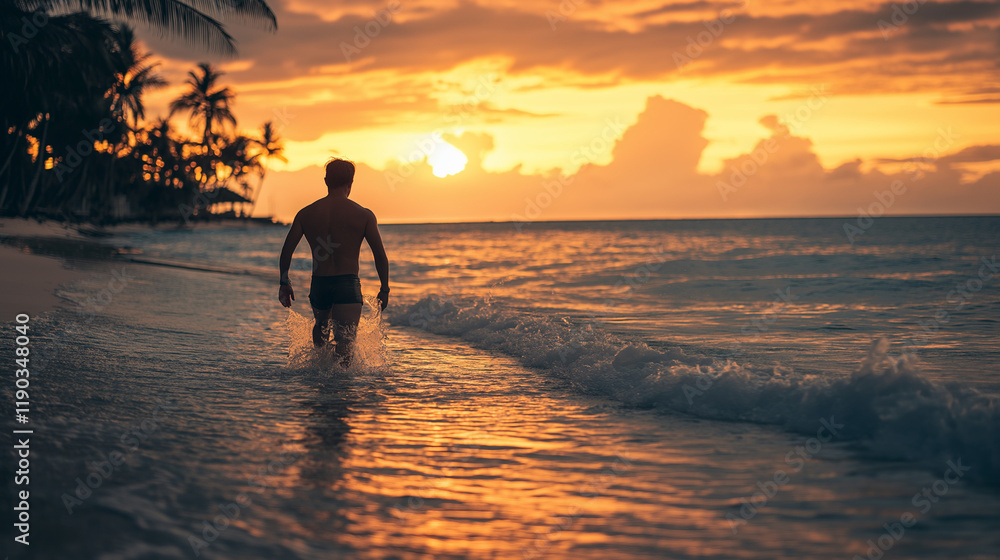 Obraz premium Silhouette at beach during golden sunset. Perfect for travel inspiration, lifestyle goals, and coastal adventure.