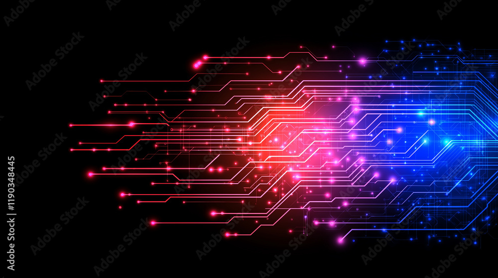 Obraz premium Digital Pulse: A captivating abstract backdrop featuring a dynamic flow of glowing circuitry in vibrant red and blue hues against a black background.