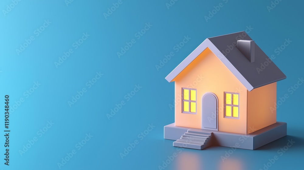A cozy, illuminated model house sits against a blue background, showcasing a welcoming design with bright windows. A cozy, illuminated model house sits against a blue background, showcasing a welcoming design with bright windows.