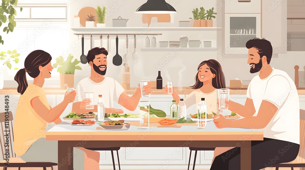 Happy Friends Enjoying Healthy Meal Together At Home Happy Friends Enjoying Healthy Meal Together At Home