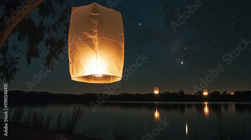 Floating lanterns in night sky over water photo