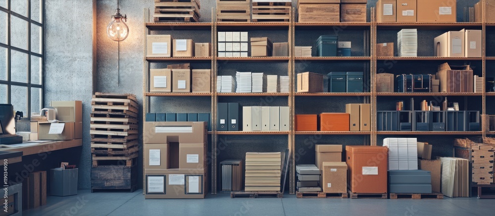 Organized warehouse storage with boxes, pallets, and shelving units in a modern industrial setting. Organized warehouse storage with boxes, pallets, and shelving units in a modern industrial setting.