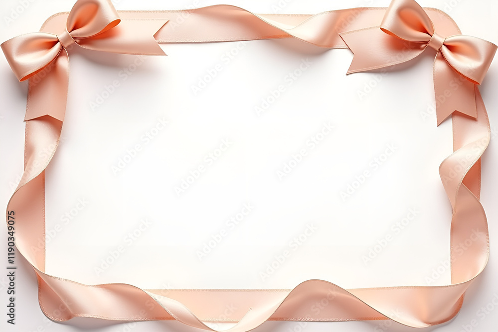 A rectangular frame outlined with luxurious satin ribbons, tied into bows at each corner, in soft pastel colors like pink or cream A rectangular frame outlined with luxurious satin ribbons, tied into bows at each corner, in soft pastel colors like pink or cream
