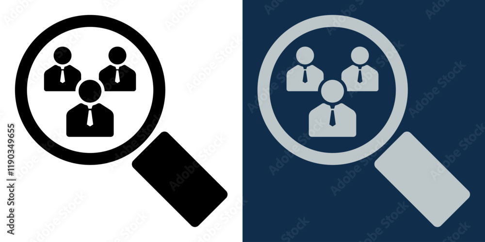 Personnel search icon. Employee search icon with magnifying glass. Personnel, human resources. Employee Search. Recruitment. Job search icon. Personnel search icon. Employee search icon with magnifying glass. Personnel, human resources. Employee Search. Recruitment. Job search icon.