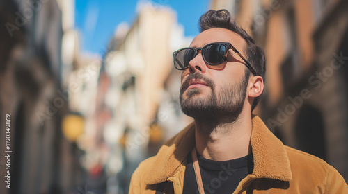 Stylish man with sunglasses in urban environment. Ideal for fashion lifestyle, city culture, and modern masculinity.