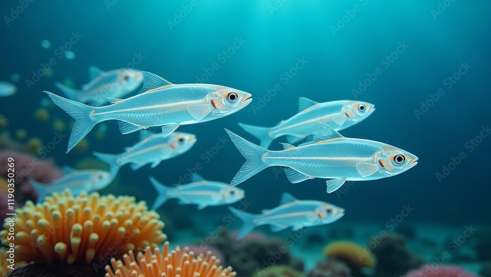 A school of glassfish, with their translucent bodies, swim gracefully in the clear waters of a tropical coral reef. A school of glassfish, with their translucent bodies, swim gracefully in the clear waters of a tropical coral reef.