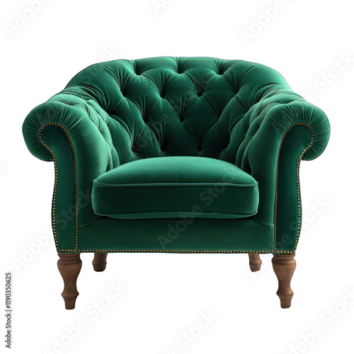 A plush emerald green velvet armchair isolated on transparent background photo