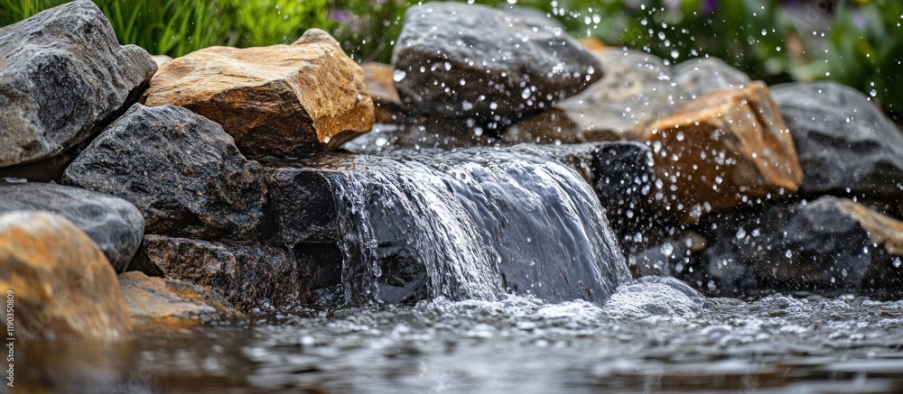 Cascading water flows over dark and light brown rocks in a tranquil garden scene. Cascading water flows over dark and light brown rocks in a tranquil garden scene.