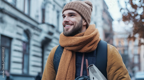 Cheerful urban traveler in winter accessories. Perfect for city lifestyle, seasonal fashion, and modern exploration.