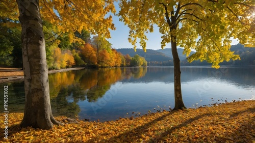 Fall Serenity: Large-Leaved Lime Tree and Its Reflection in a Peaceful Autumn Lake