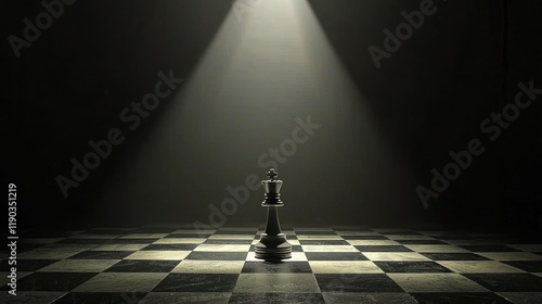 A chessboard with a king piece highlighted under a spotlight.