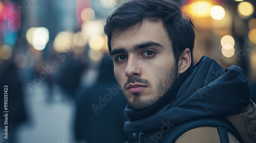 Urban youth in casual winter wear at night. Perfect for city lifestyle, modern fashion, and street culture.