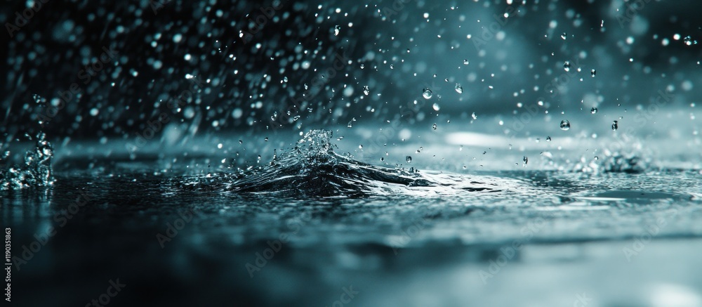 Raindrops impacting dark water surface, creating ripples and splashes. Raindrops impacting dark water surface, creating ripples and splashes.