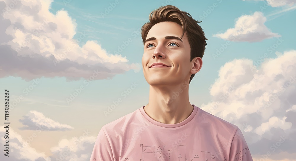 Young man gazing upward in a serene outdoor setting with soft clouds and blue sky, symbolizing hope, positivity, and inspiration for motivational and lifestyle visual Young man gazing upward in a serene outdoor setting with soft clouds and blue sky, symbolizing hope, positivity, and inspiration for motivational and lifestyle visual