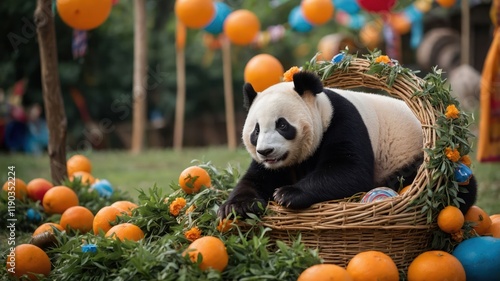 A panda lounging in a festive basket surrounded by oranges and decorations. photo