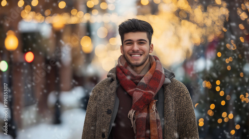 Happy young man in winter wear amid holiday lights. Ideal for seasonal lifestyle, urban fashion, and festive moments.
