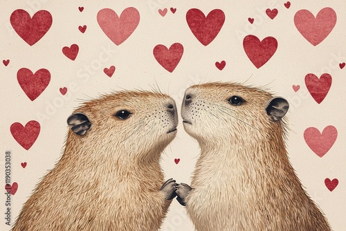 Two adorable capybaras lean towards each other, surrounded by colorful hearts, conveying a sense of love and affection. Valentine photo