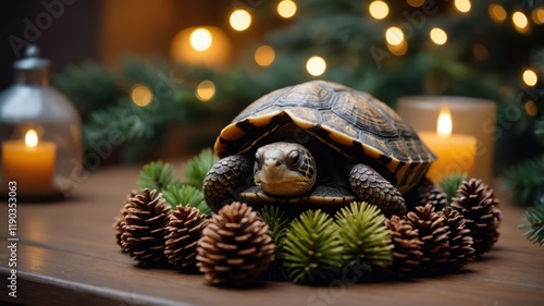 A turtle resting among pine cones and candles, creating a cozy, festive atmosphere. photo