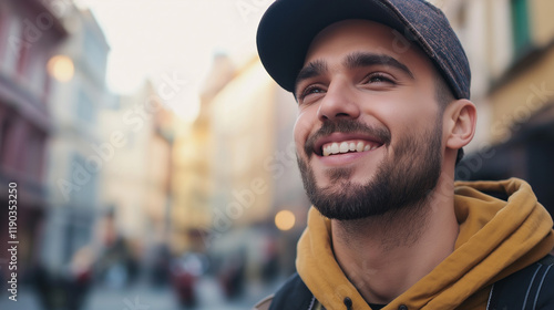 Cheerful urban explorer in casual winter wear. Perfect for city lifestyle, modern fashion, and authentic moments.