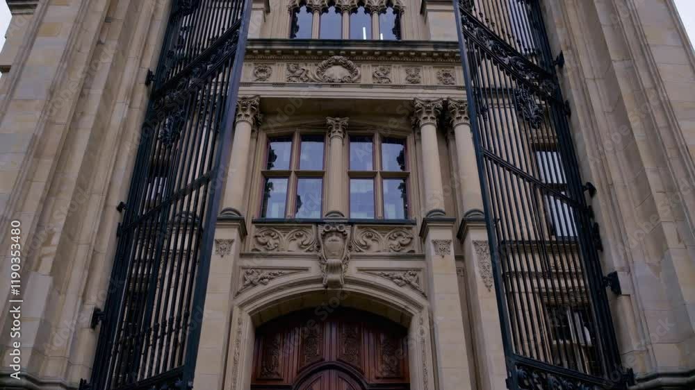 Ornate Gothic Entrance with Intricate Metal Gates Ornate Gothic Entrance with Intricate Metal Gates