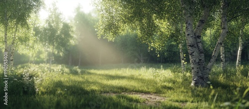 Sunlit birch forest path, green grass, summer morning mist.
