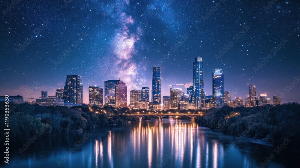 Fototapeta premium Austin Skyline Under the Milky Way