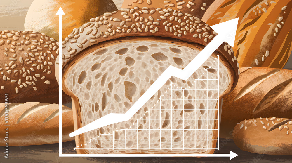 Obraz premium An illustration of a loaf of bread with a rising graph symbolizing increasing bread prices.