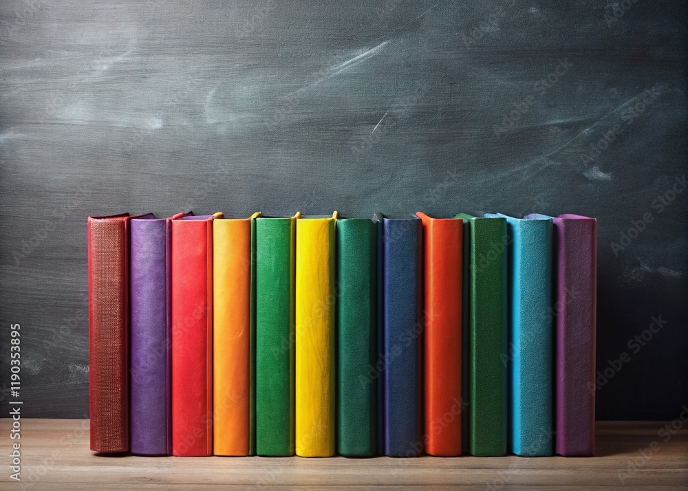 Naklejka premium Colorful Books Stacked Against Blackboard - Back to School Education Concept Stock Photo