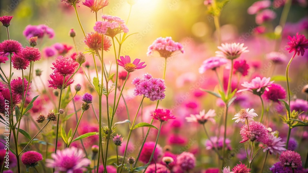 Fototapeta premium Delicate Pink Spring Wildflowers and Herbs Seamless Pattern Background
