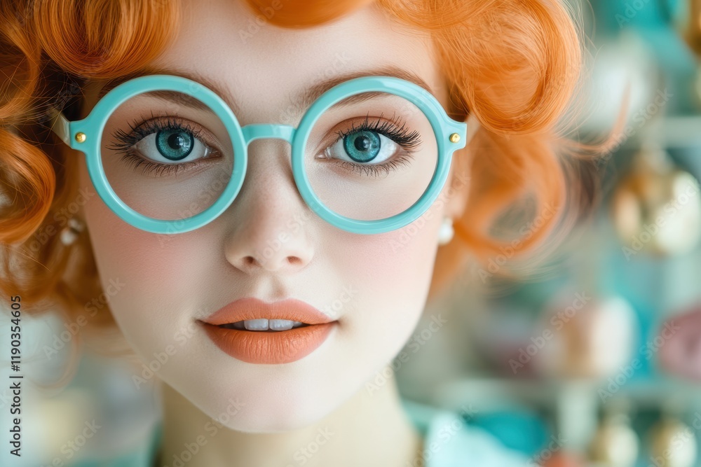 Fototapeta premium Orange haired woman wearing round glasses with clear lenses