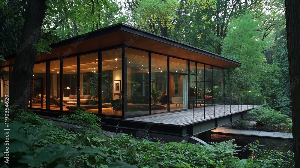 A modern home with expansive glass walls, nestled amidst natural greenery, showcasing minimalist design and tranquility A modern home with expansive glass walls, nestled amidst natural greenery, showcasing minimalist design and tranquility