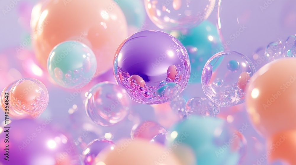 Abstract pastel spheres floating on a light purple background. Abstract pastel spheres floating on a light purple background.